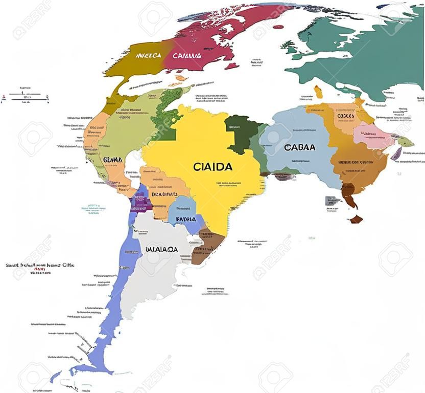 南美洲和北美洲與國家，首都和主要城市的地圖