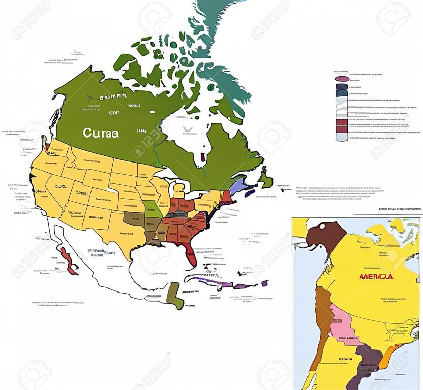 Map of south and north america with countries, capitals and major cities