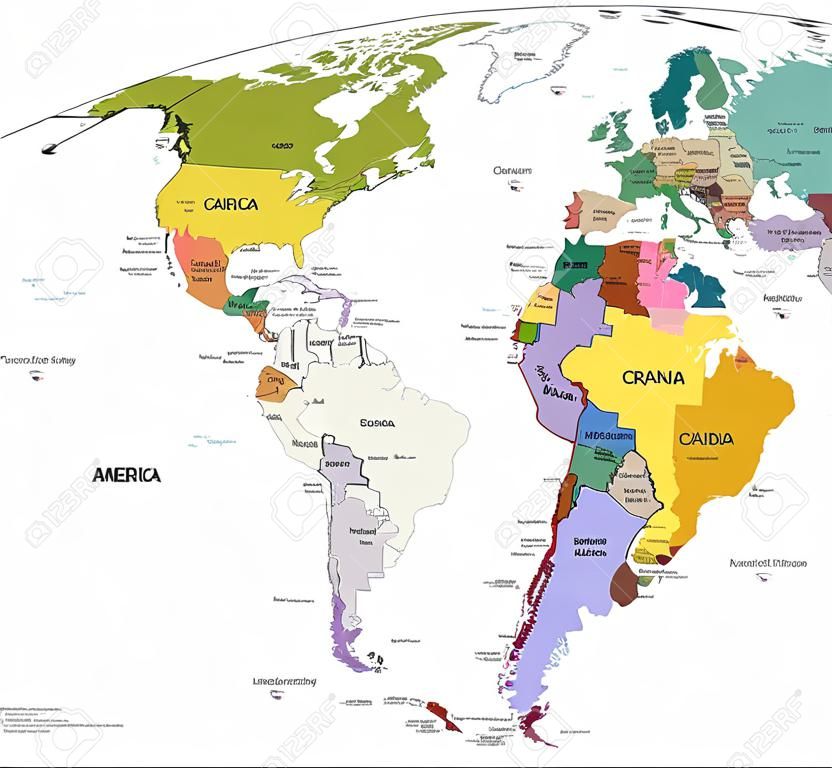 南美洲和北美洲與國家，首都和主要城市的地圖