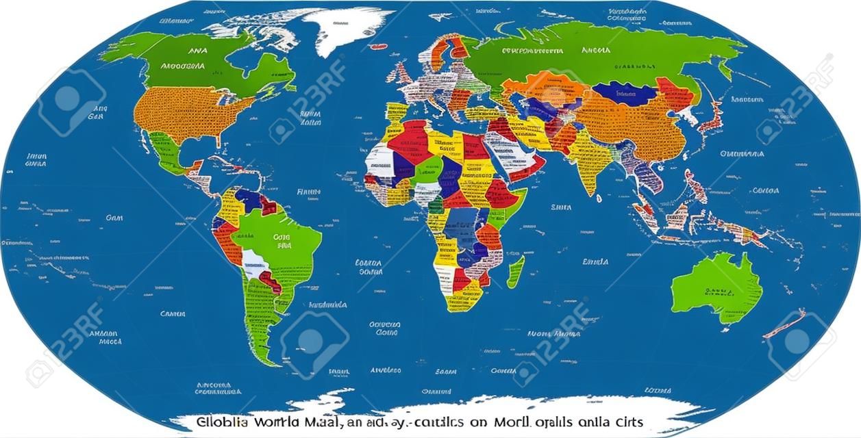 Globale Politische Karte Der Welt, Hauptstädte Und Größeren Stadt