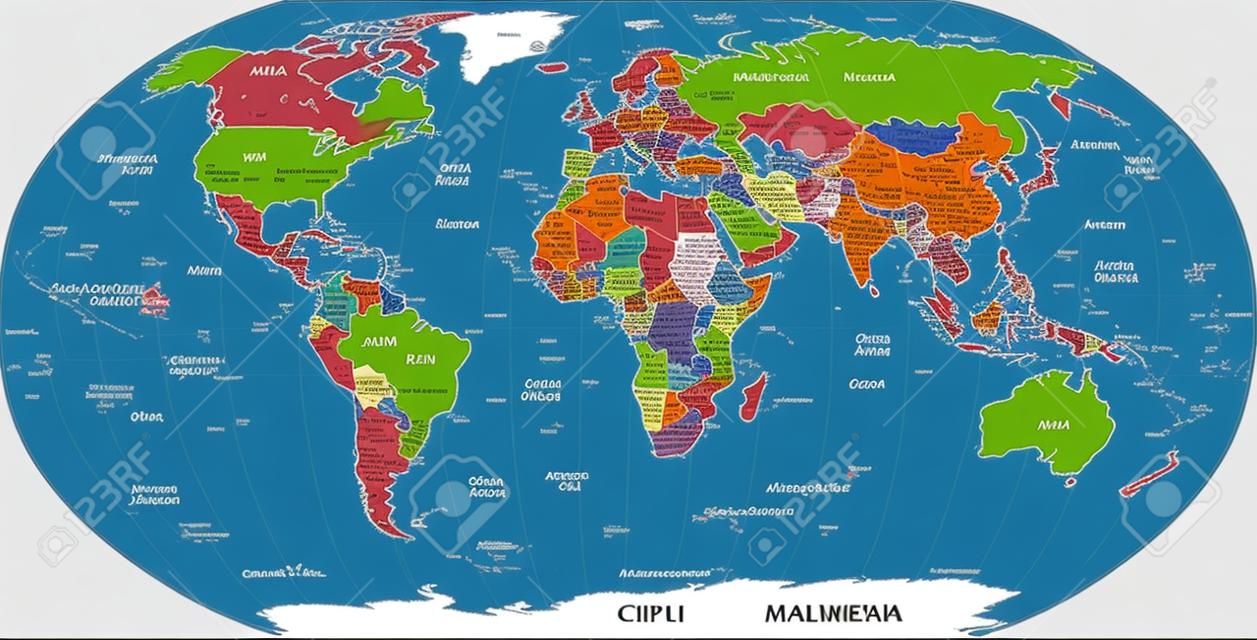 Mappa politica globale del mondo, capitali e città principali incluse