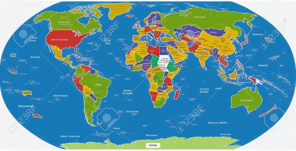 Globale politische Karte der Welt, Hauptstädte und größeren Stadt enthalten