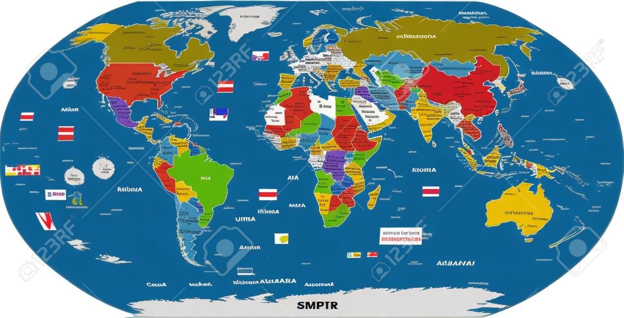 Mapa político global do mundo, capitais e principais cidades incluídas