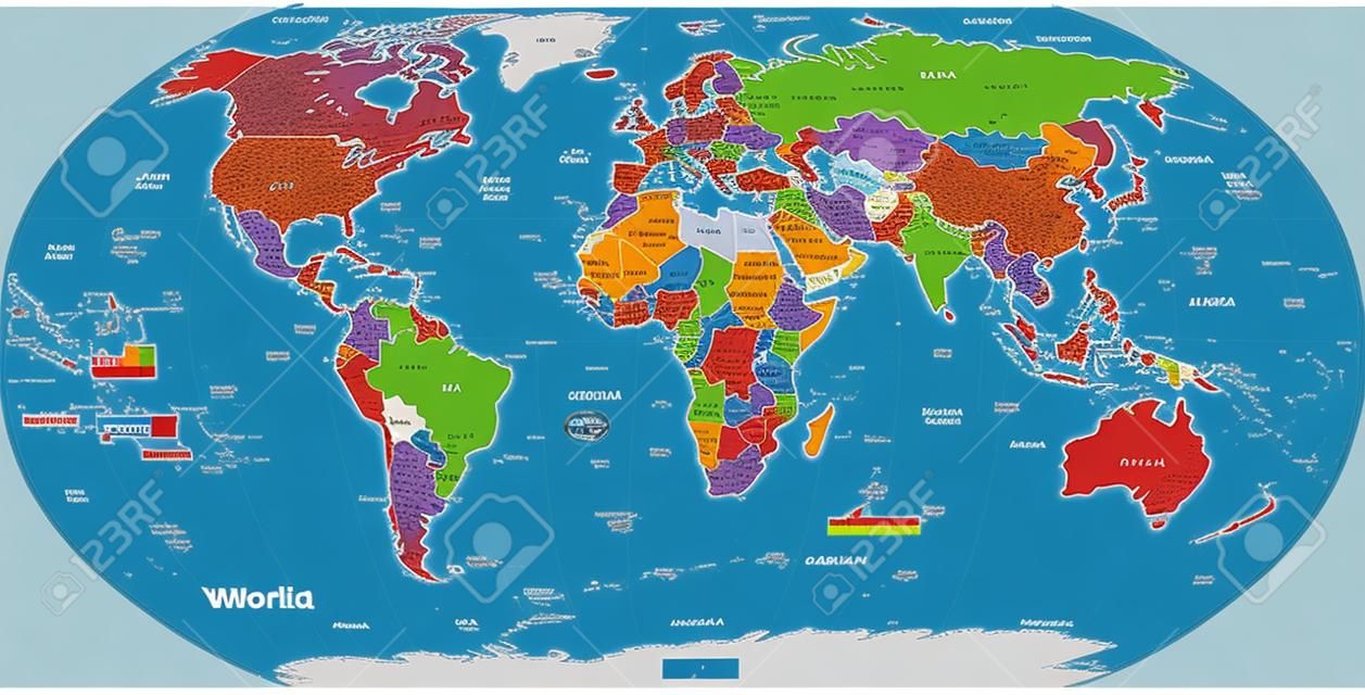 Mapa político global del mundo, capitales y ciudad importante incluido