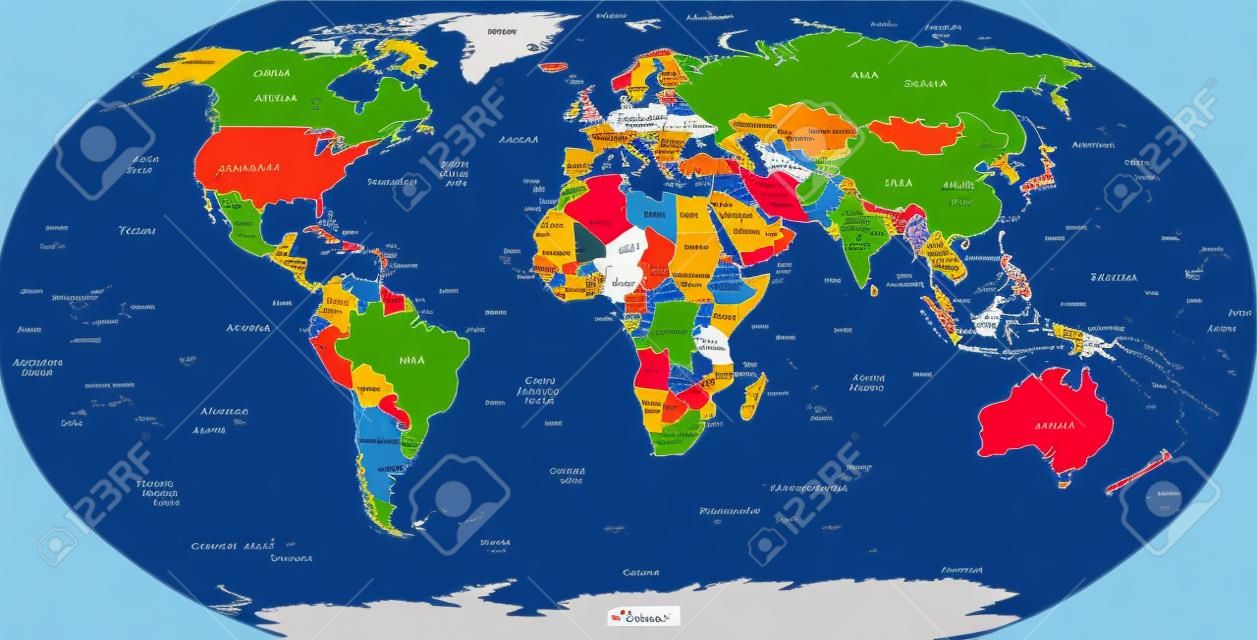 Mapa político global del mundo, capitales y ciudad importante incluido