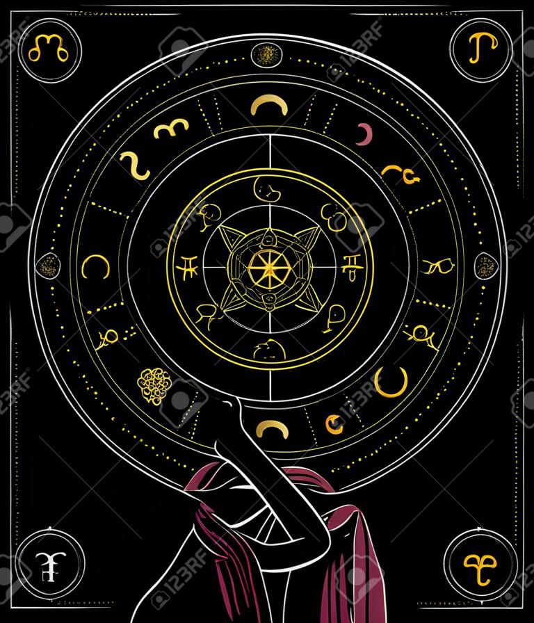 The illustration - zodiac chart in black and gold color.