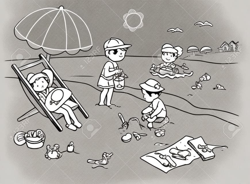 Дети играют с песком на пляже. Мультфильм иллюстрации черно-белые.