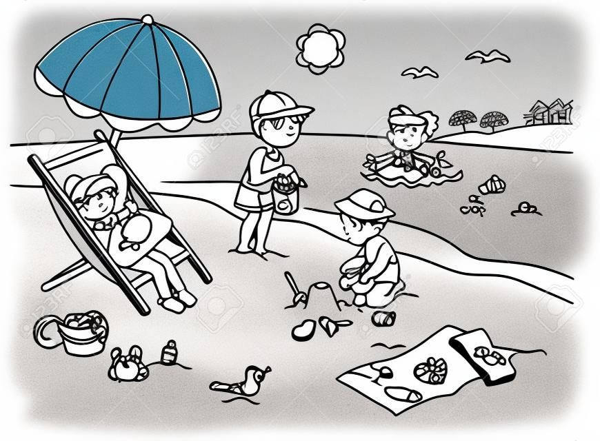 Дети играют с песком на пляже. Мультфильм иллюстрации черно-белые.