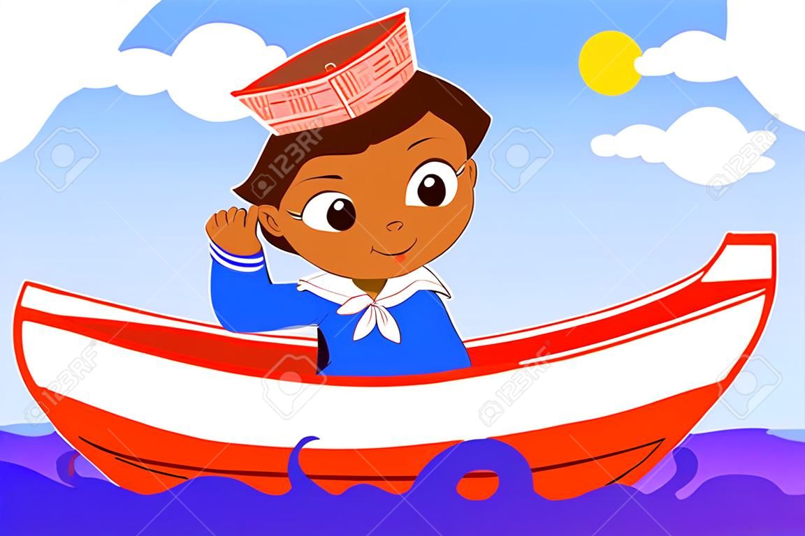 Joven marinero en el barco rojo. Vector de dibujos animados para los niños.