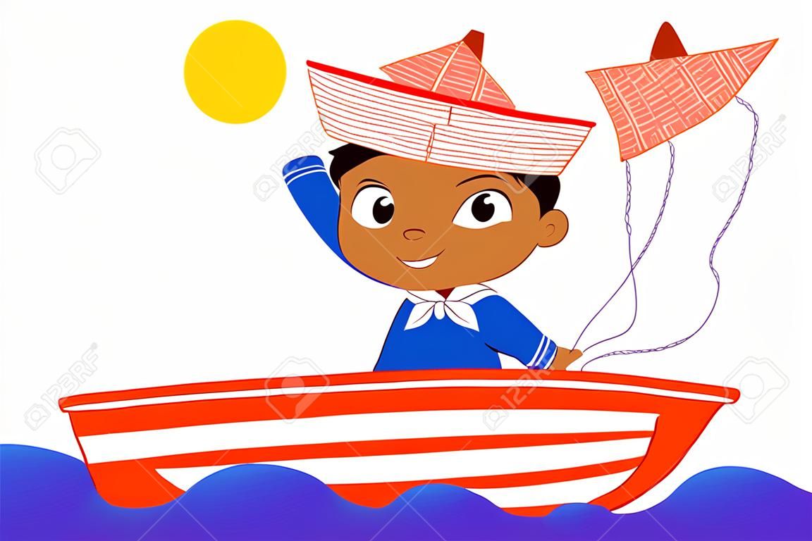 Молодой матрос на красной лодке. Вектор мультфильм для детей.