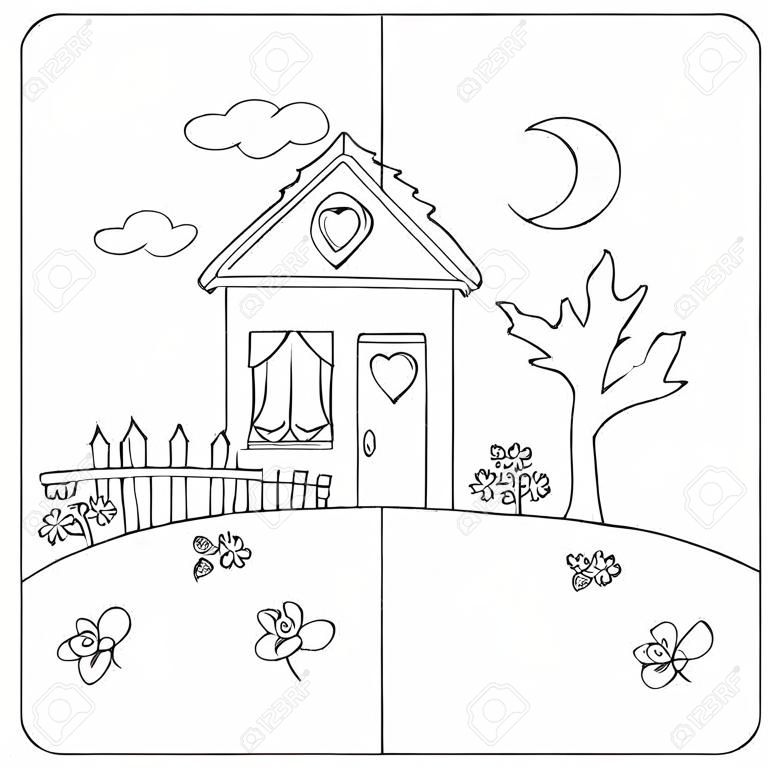Night and day view of a cartoon country house  Coloring vector for children 