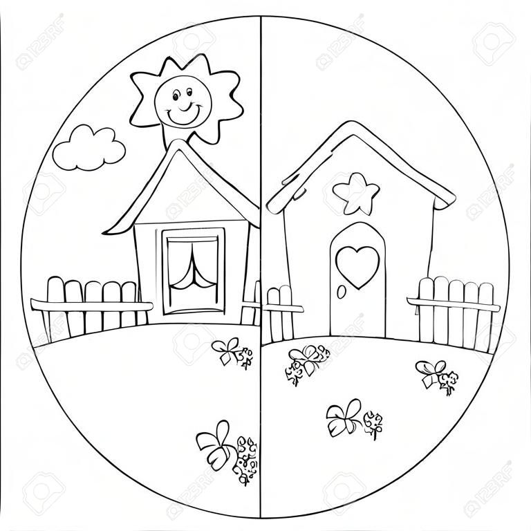 Night and day view of a cartoon country house  Coloring vector for children 