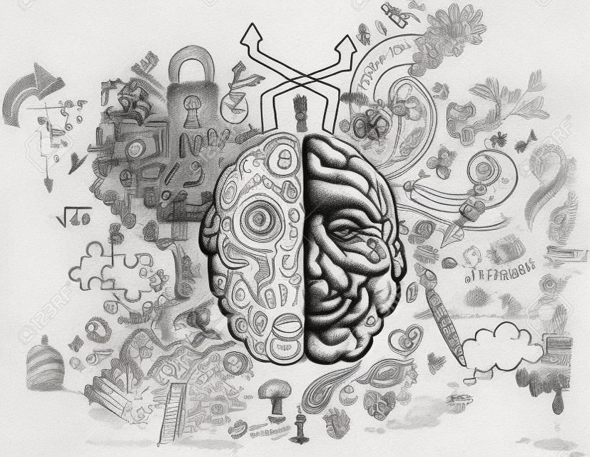 hemisférios cerebrais esquerdo e direito doodles esboçados