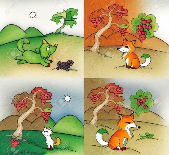 Ilustração de quatro cores para a fábula de A raposa e as uvas Aesopo.