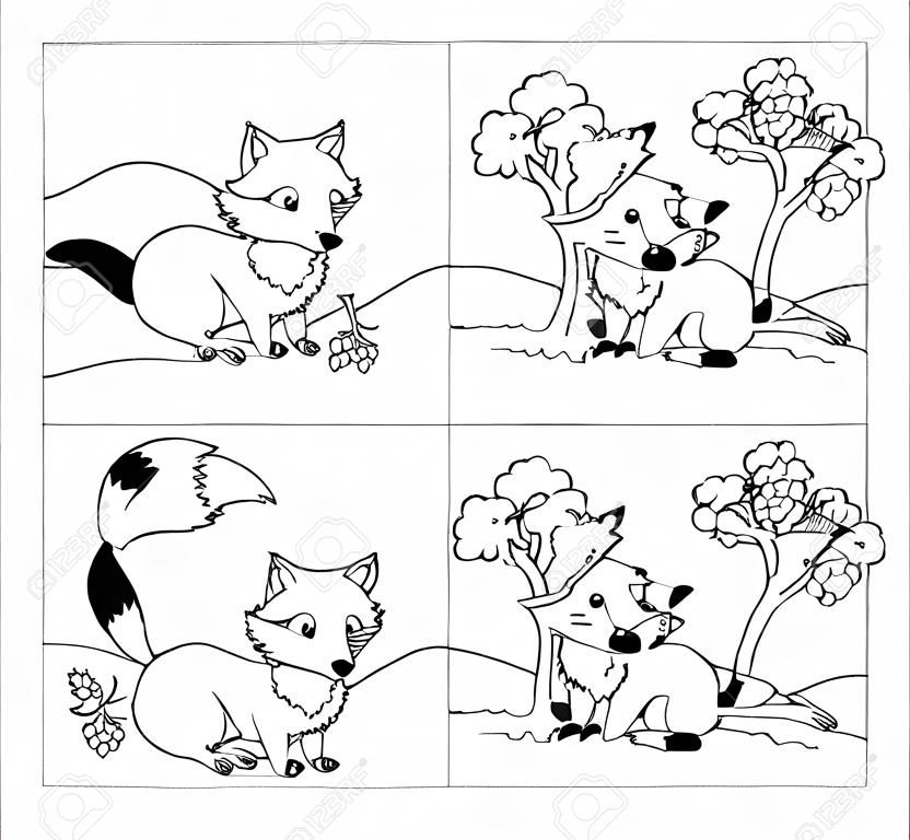 Ilustração de quatro cores para a fábula de A raposa e as uvas Aesopo.