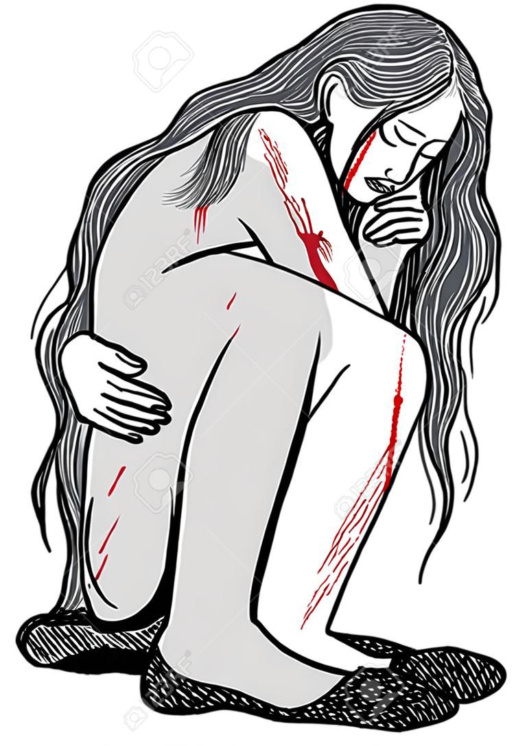 Bolesna, przestraszona młoda kobieta, krwawiąca i płacząca ilustracja koncepcja.