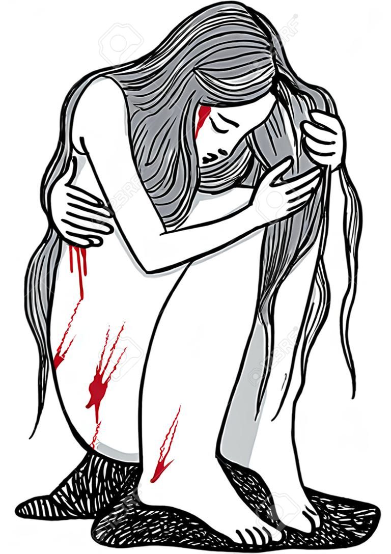 Bolesna, przestraszona młoda kobieta, krwawiąca i płacząca ilustracja koncepcja.