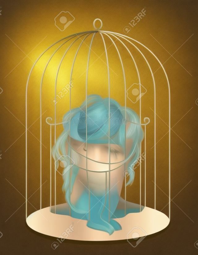Giovane donna autolesionista rinchiusa in una gabbia per uccelli, illustrazione vettoriale concettuale