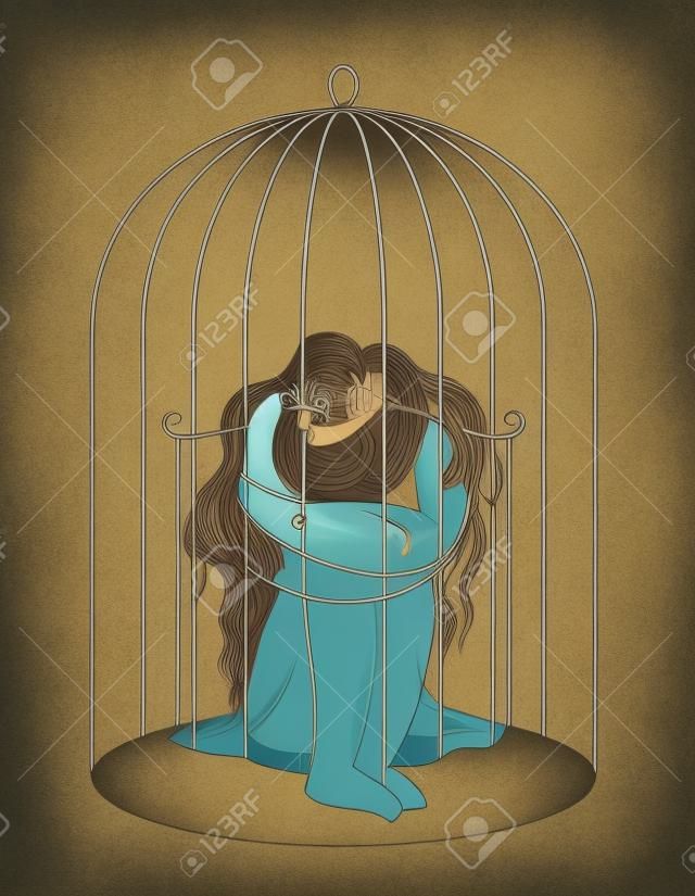 Mujer joven autodestructiva encerrada en una jaula de pájaros, ilustración vectorial conceptual