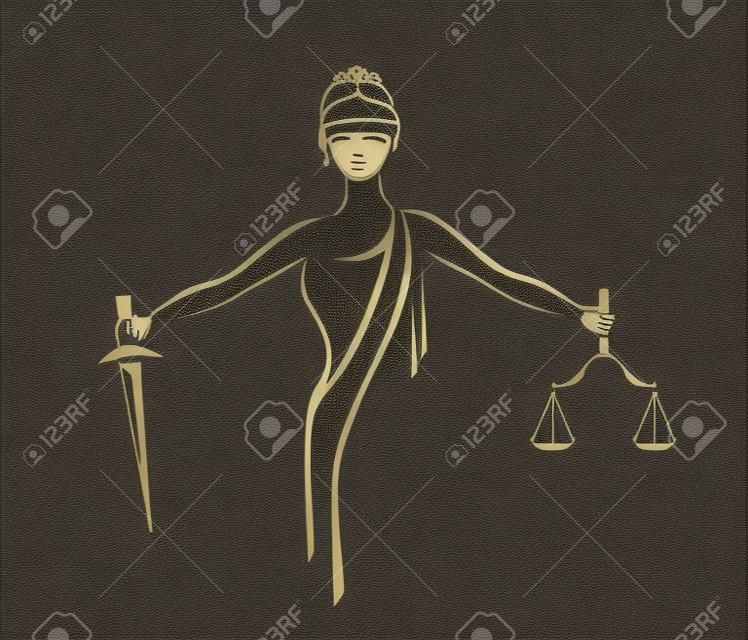 Justice Godin Themis, Lady Justice Femida. Gestileerde contour vector. Blinde vrouw met schubben en zwaard.