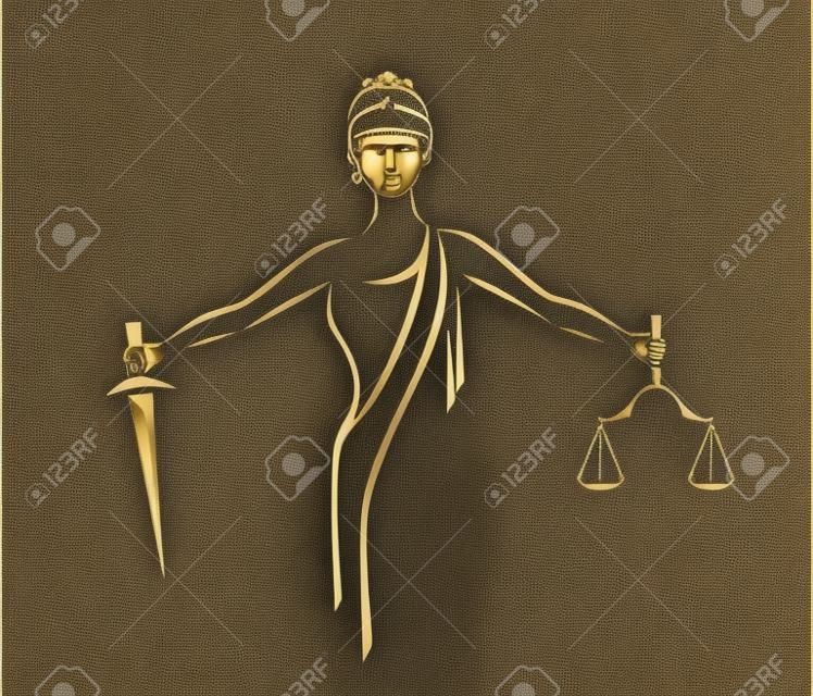 Gerechtigkeit Göttin Themis, Dame Gerechtigkeit Femida. Stilisierter Konturvektor. Blinde Frau Waage und Schwert.