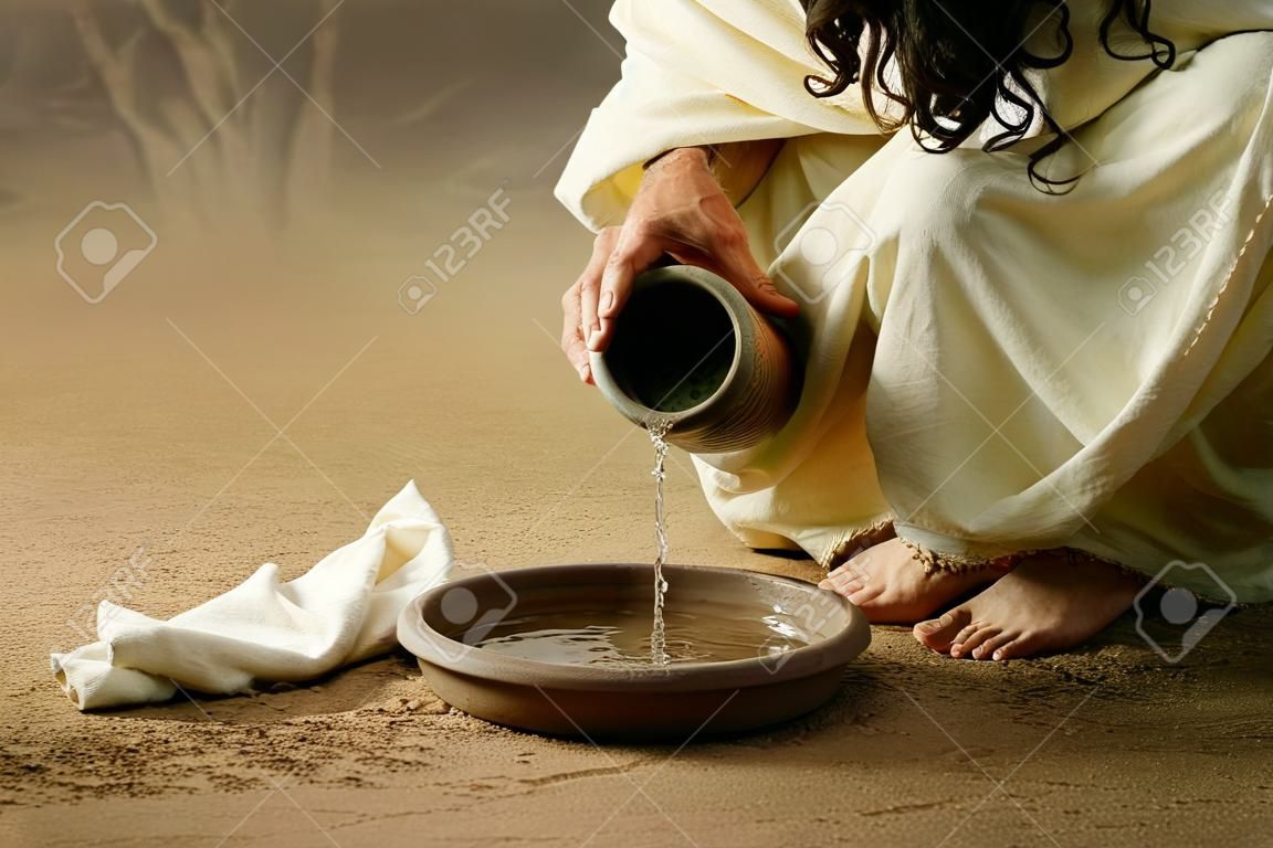 Jezus met een kruik water en een towell