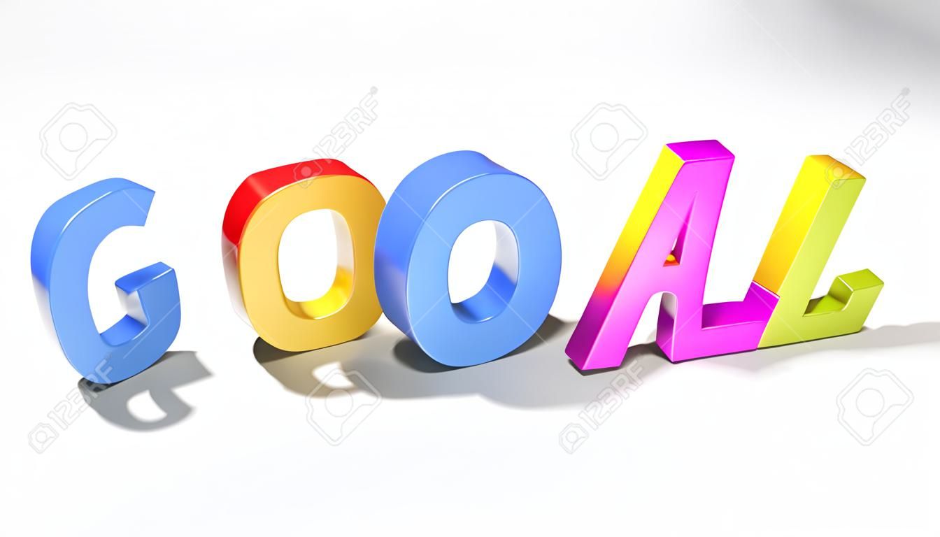 The word goals, written with colorful 3D letters standing, slightly bent, on a white surface - 3d rendered illustration