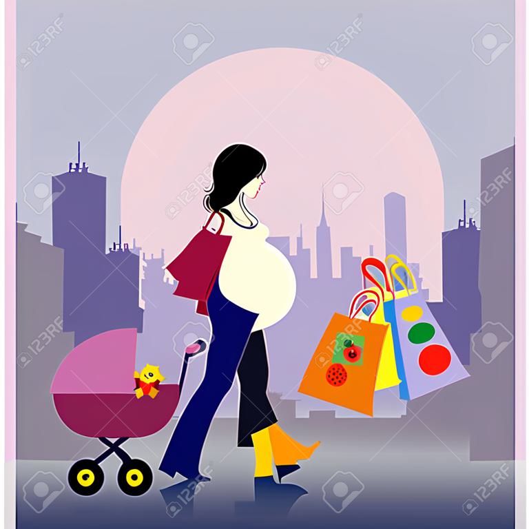 Shopping in the city. The pregnant woman buys gifts for the baby. Vector
