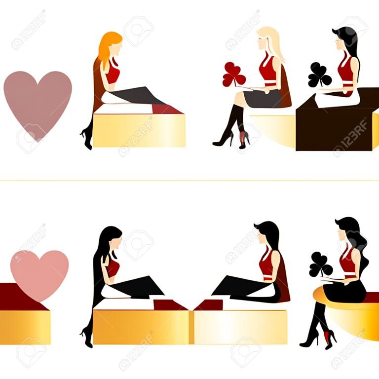 Set four girls and poker elements in 3D image. vector illustration 