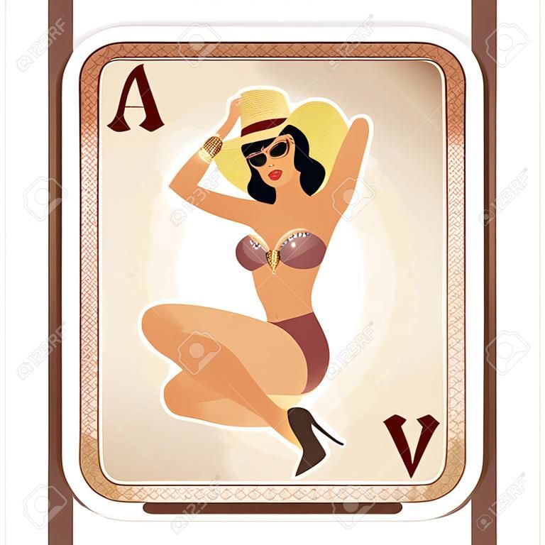 Diamonds poker cards pin up woman, vector illustration