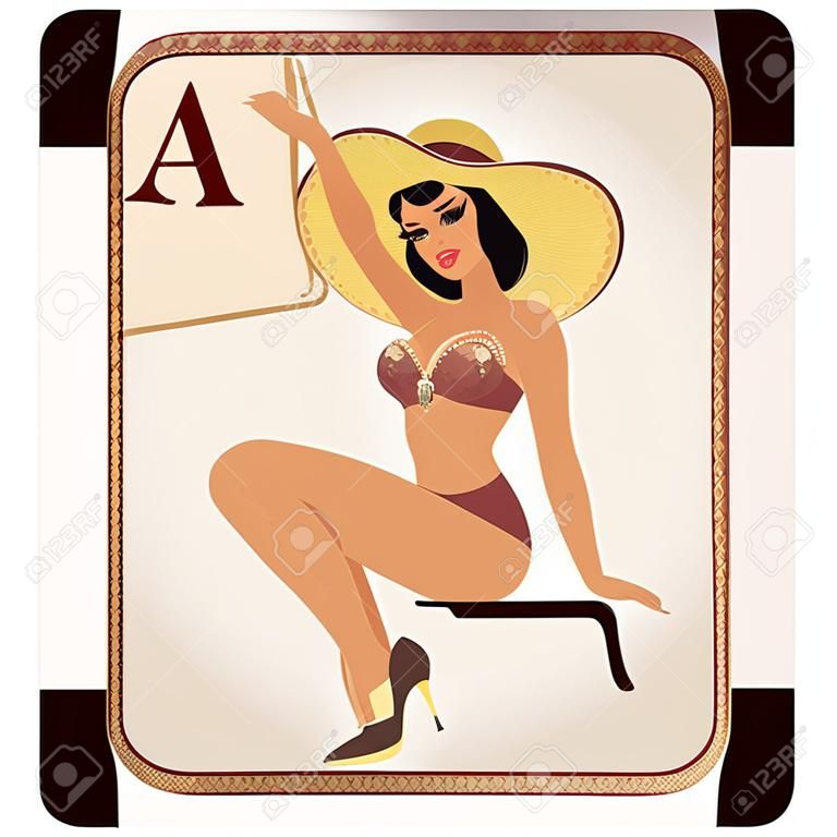 Diamonds poker cards pin up woman, vector illustration