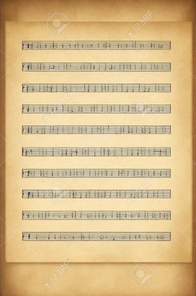 Blank Music Sheet with 10 staves on parchment paper ready for your composition. Isolated.