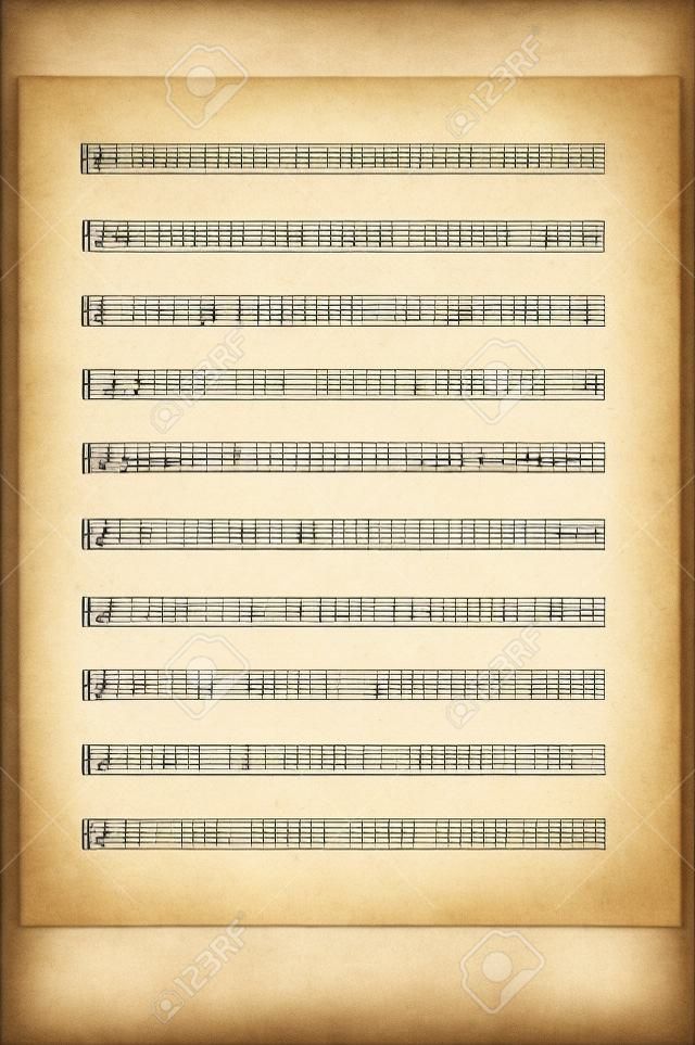 Blank Music Sheet with 10 staves on parchment paper ready for your composition. Isolated.
