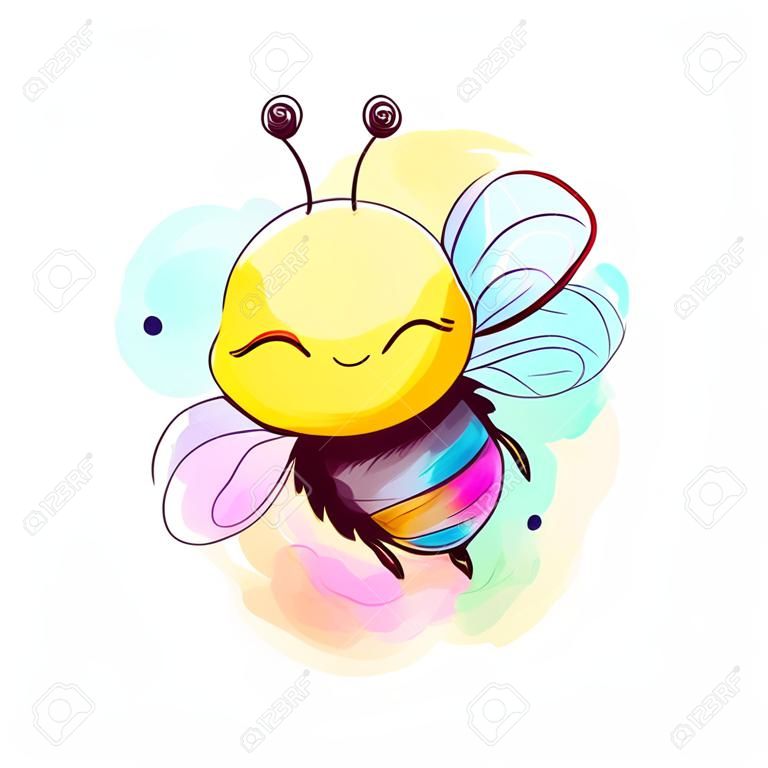 Cute cartoon bee on colorful watercolor background. Vector illustration.