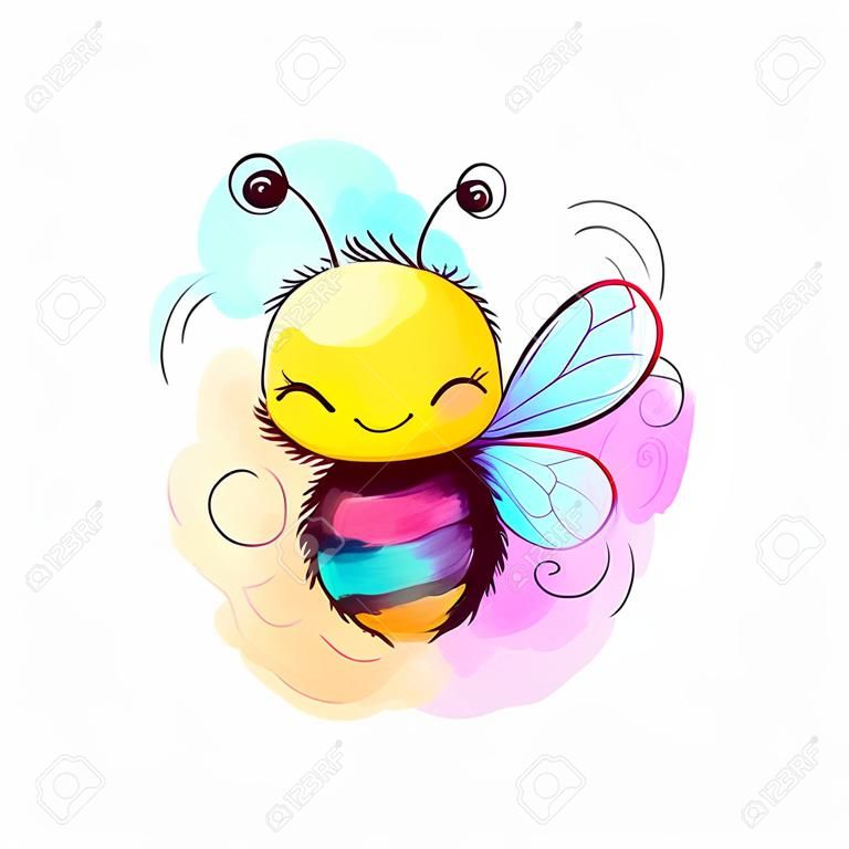 다채로운 수채화 배경 벡터 일러스트 레이 션에 귀여운 만화 꿀벌