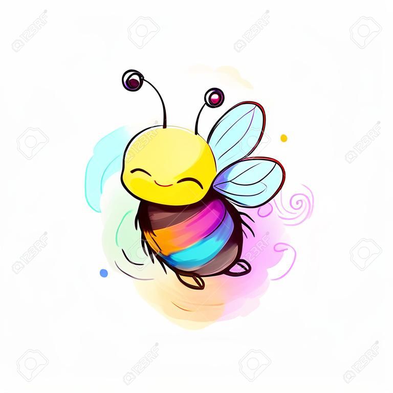 다채로운 수채화 배경 벡터 일러스트 레이 션에 귀여운 만화 꿀벌