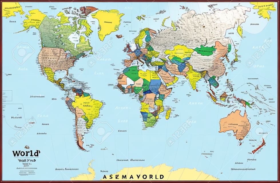 상세한 세계 지도 자리 컬러 그림입니다. 세계 지도의 매우 상세한 별색 그림: 토지 윤곽, 국가 및 토지 이름, 도시 이름 및 물 개체 이름.