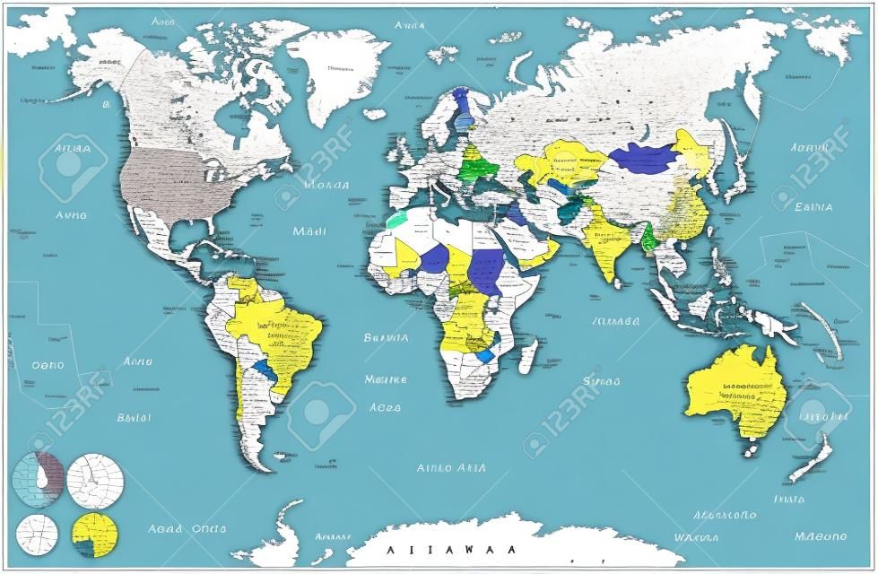 Szczegółowa mapa świata w miejscu kolorowych ilustracji. Bardzo szczegółowa, kolorowa ilustracja mapy świata: kontury terenu, nazwy krajów i gruntów, nazwy miast i nazwy obiektów wodnych.