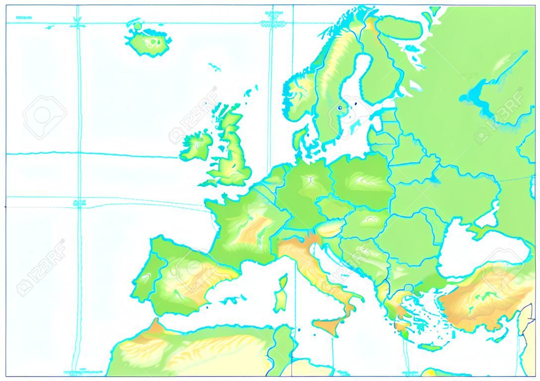 Mappa fisica dell'Europa isolata su bianco. Nessun testo. Illustrazione vettoriale dettagliata della mappa fisica dell'Europa.