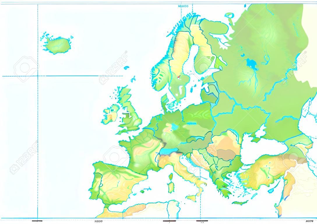 白で隔離されたヨーロッパの物理地図。テキストなし。ヨーロッパ物理地図の詳細なベクトルイラスト。