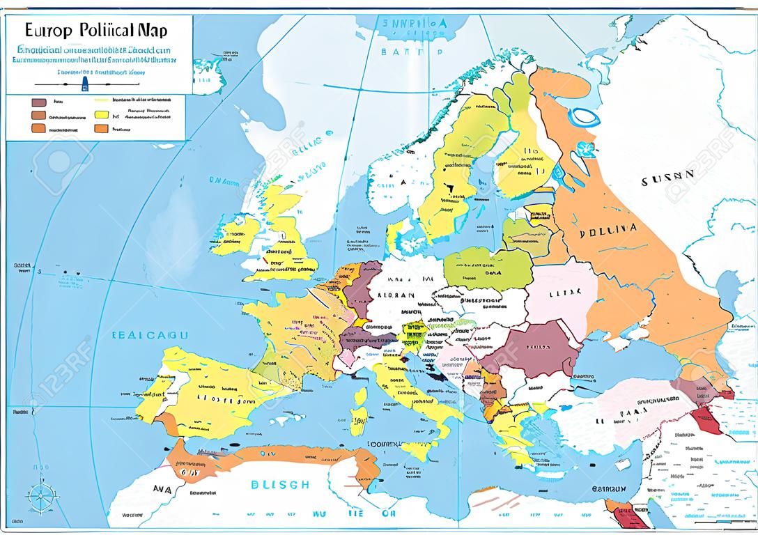 Europe Political Map and Bathymetry. Detailed vector illustration of Europe Map.