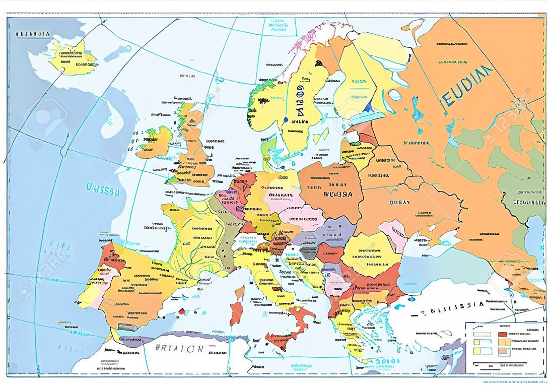Carte politique de l'Europe et bathymétrie. Illustration vectorielle détaillée de la carte de l'Europe.