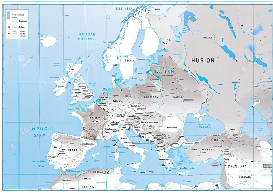 Europe Physical Map. White and Gray. Detailed vector illustration of Europe Physical Map.