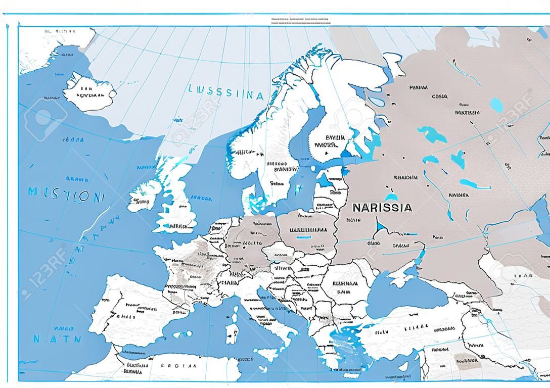 Mapa físico de Europa. Blanco y gris. Ilustración vectorial detallada del mapa físico de Europa.