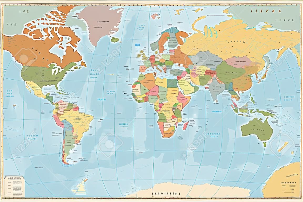 Large detailed vintage color political World Map with lakes and rivers. Highly detailed vector illustration of World Map.