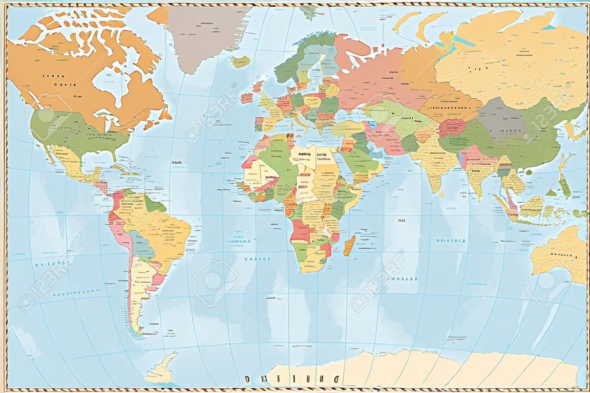 湖や川と大きな詳細なヴィンテージ色の政治世界地図。世界地図の非常に詳細なベクトルイラスト。