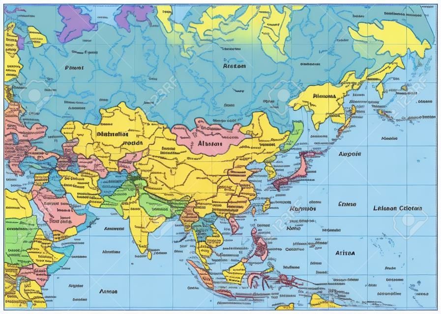 Mapa polityczna Azji z rzekami, jeziorami i wzniesieniami.