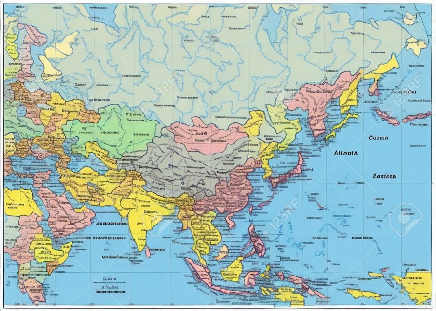 Mapa polityczna Azji z rzekami, jeziorami i wzniesieniami.