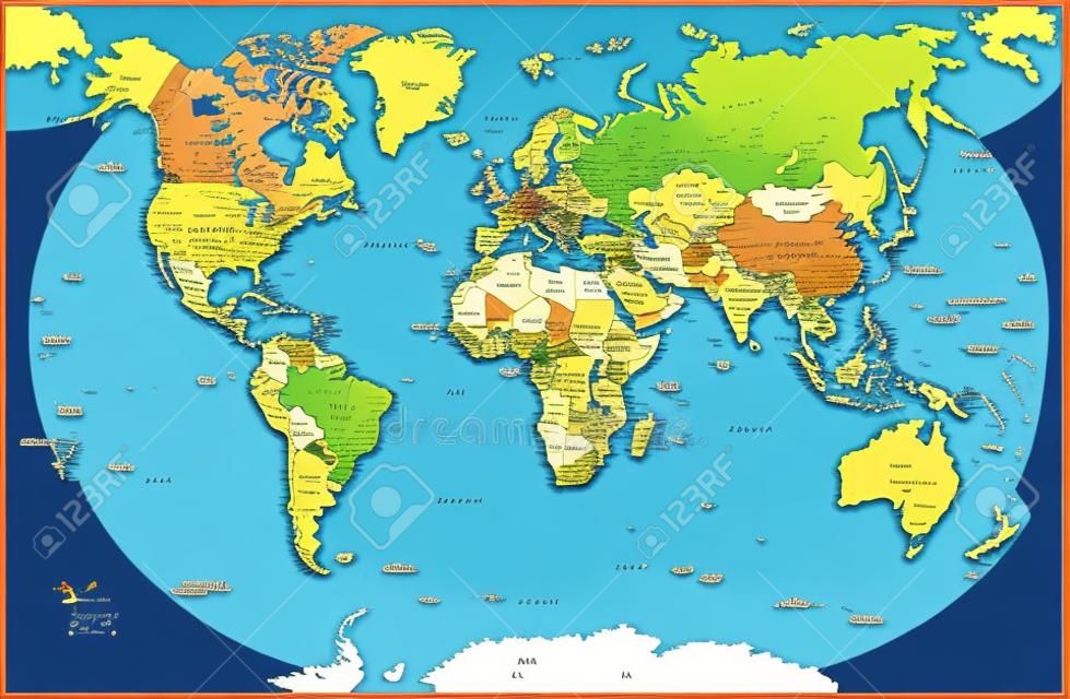 매우 상세한 세계 지도 벡터 일러스트 레이 션. 매우 상세한 세계 지도: 국가, 도시, 계수선, 물 개체 이름.
