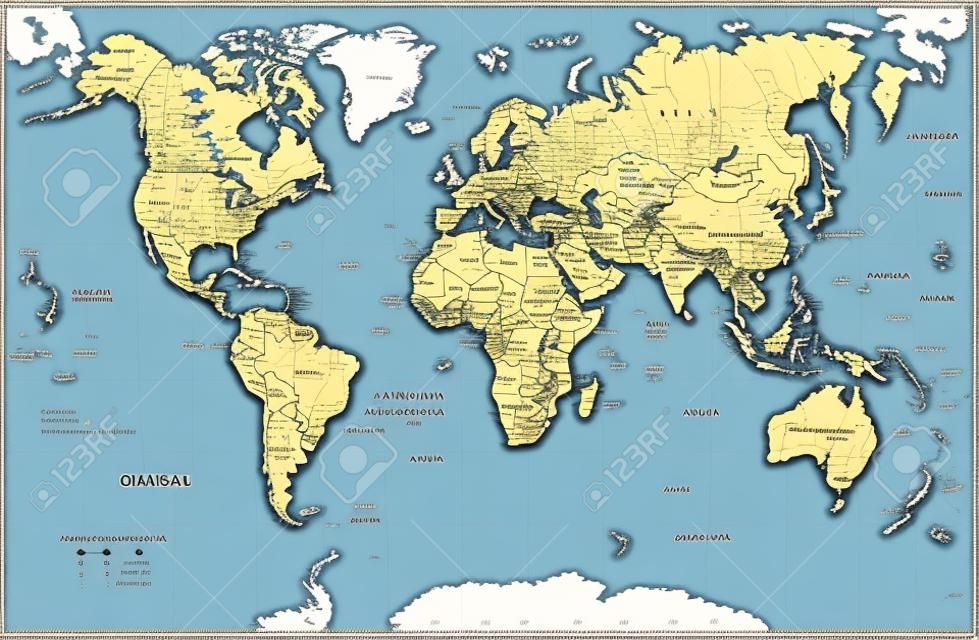 Illustration vectorielle de carte du monde très détaillée. Carte du monde très détaillée : pays, villes, graticule, noms d'objets aquatiques.